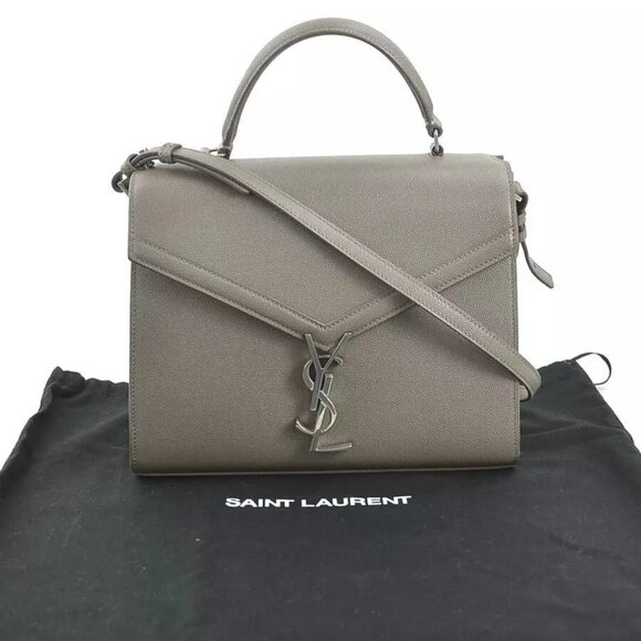 Auth SAINT LAURENT Handbag Shoulder Bag Gray Leather/Silvertone - Picture 1 of 7